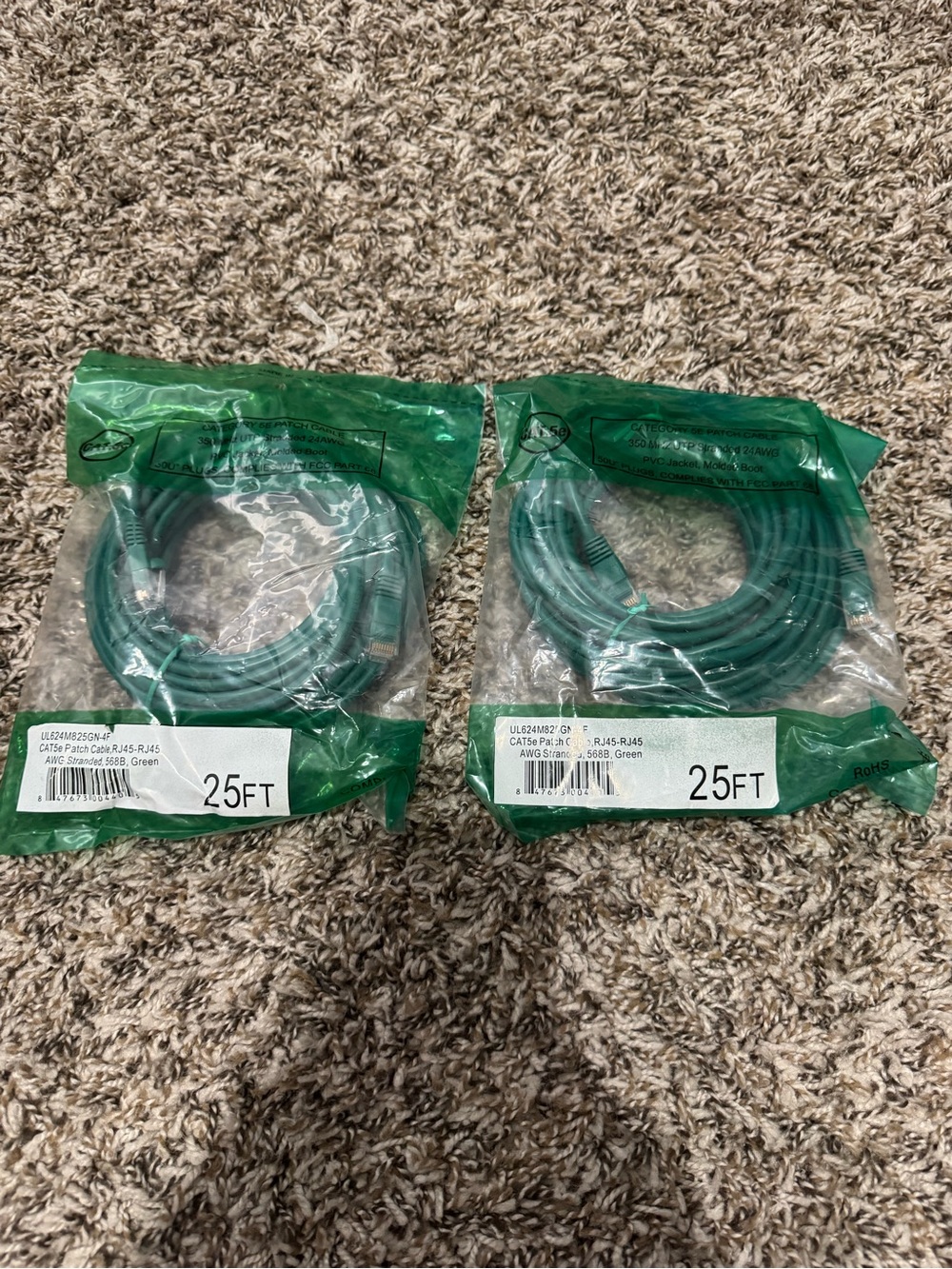 Lot of 2 CAT5e Ethernet Patch Cables 25ft Green RJ45 Network LAN Cable NEW